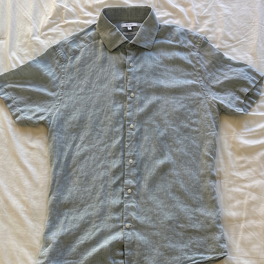 Reiss Light Blue Linen Short Sleeve Button Down Shirt